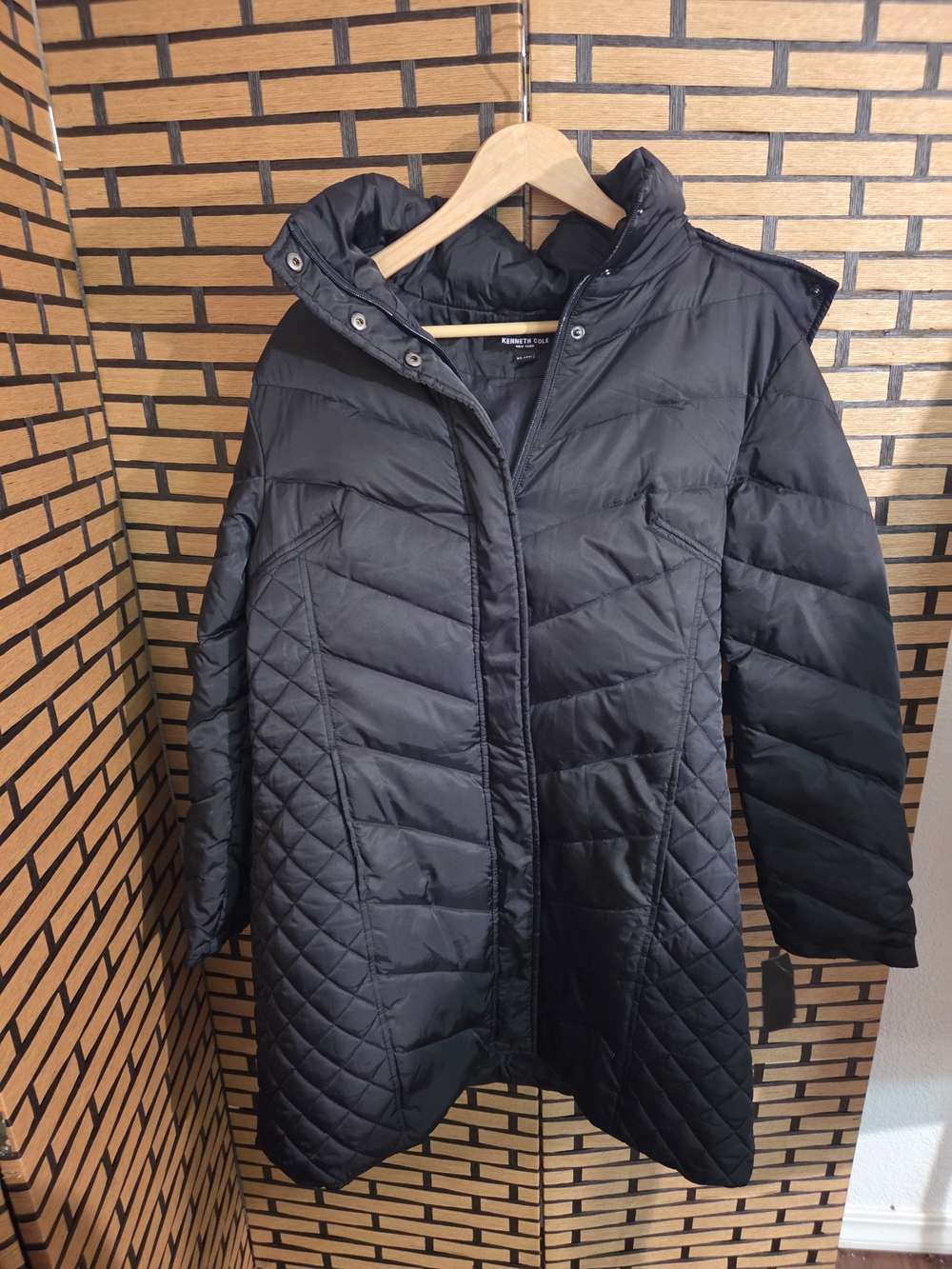 Kenneth Cole Black Quilted Long Puffer Coat with Hood